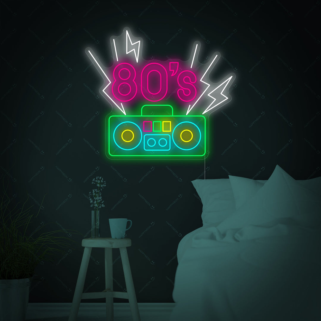 "80's belettering met cassettespeler" Neonbord