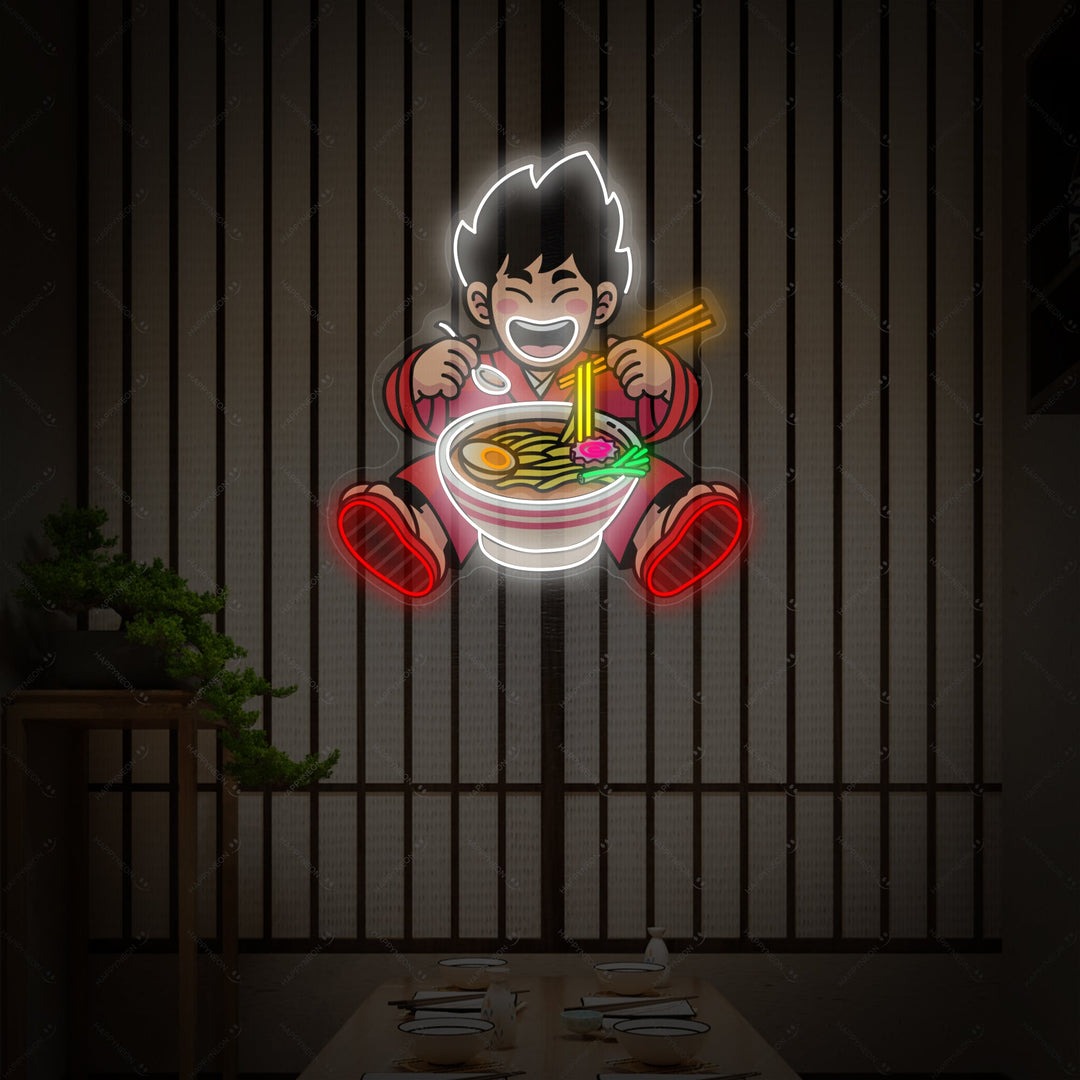 Boy en Ramen Noodle Neonbord, Japanse Restaurant Decor
