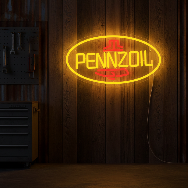Yellow and red Pennzoil oval neon sign, inspired by classic gas stations, perfect for garage or auto shop decor.