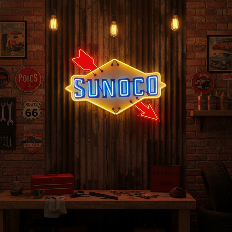 Yellow, blue, and red Sunoco arrow neon sign, inspired by classic American gas stations.