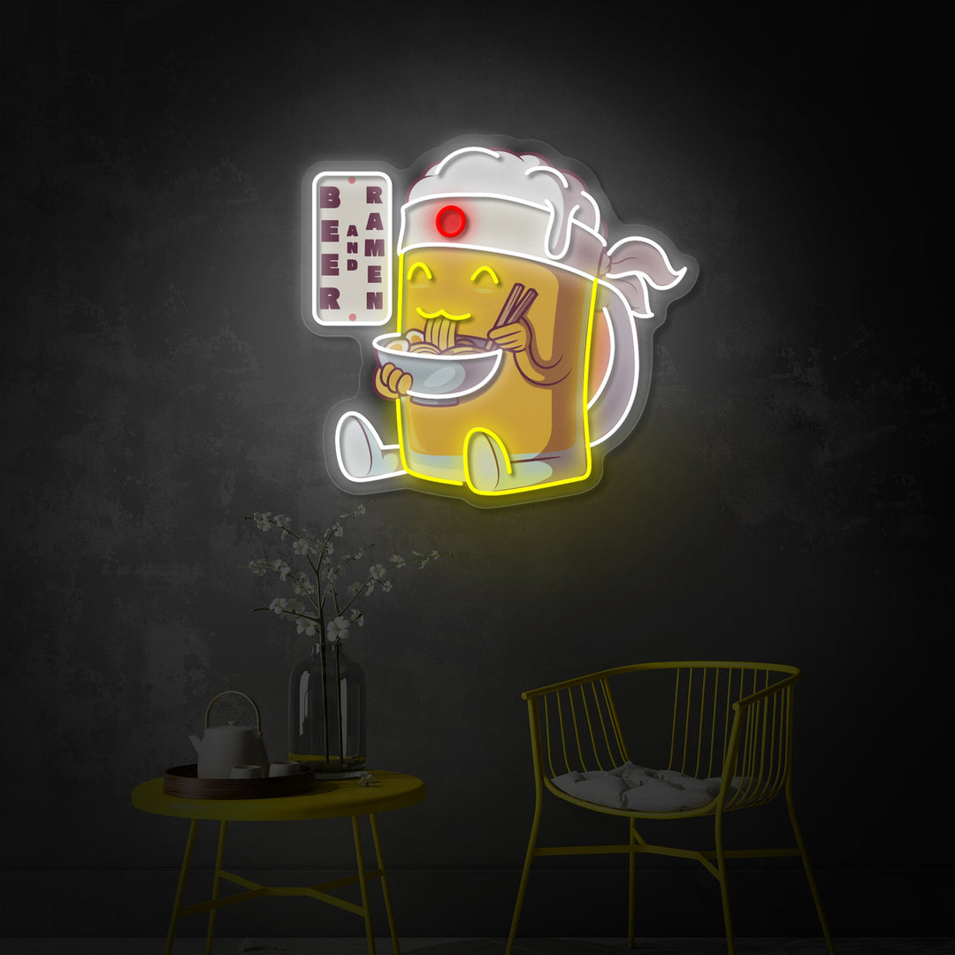 "Bierkarakter eten ramen, Japans restaurantlogo" UV-geprint LED-neonbord
