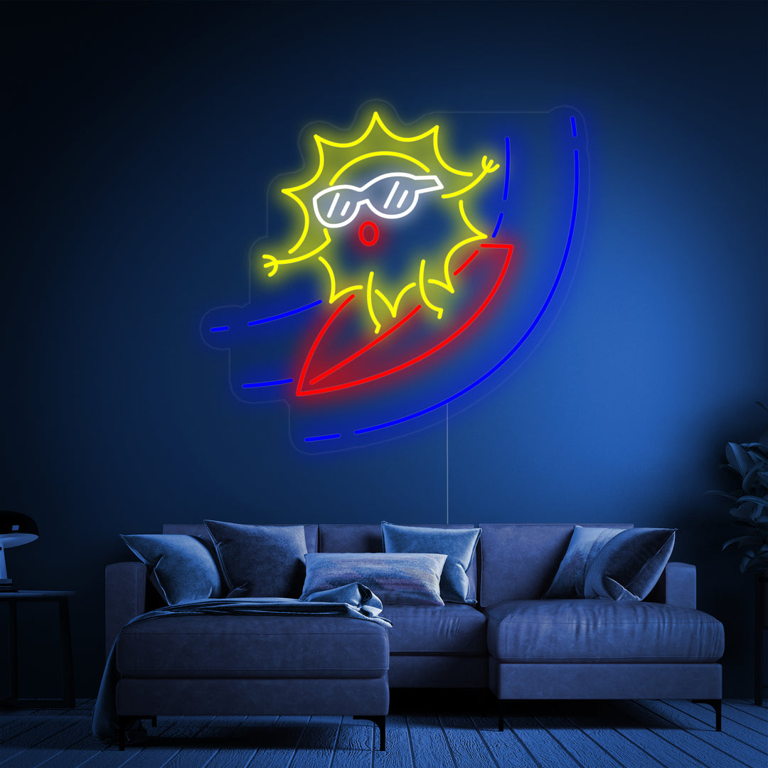 "Cartoon Zon Op Surfplank" Neon Verlichting