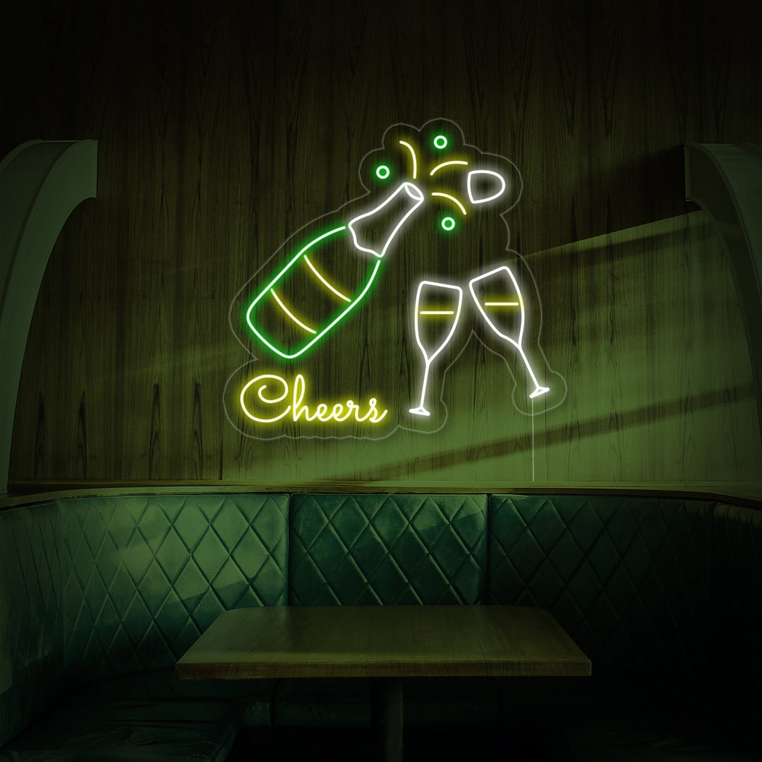 "Champagnefles, Champagneglazen, Cheers" Neon Verlichting