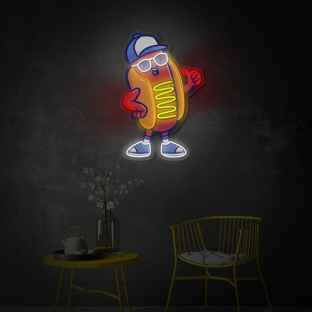 "Coole hotdog met een bril en hoed, eten, restaurant" UV-geprint LED-neonbord