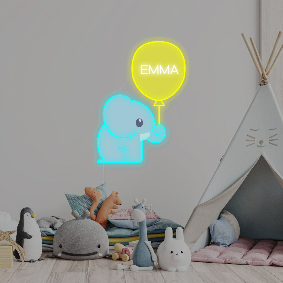 "Aangepaste Naam Met Olifant En Ballon, Kinderkamer Decor" Neon Verlichting