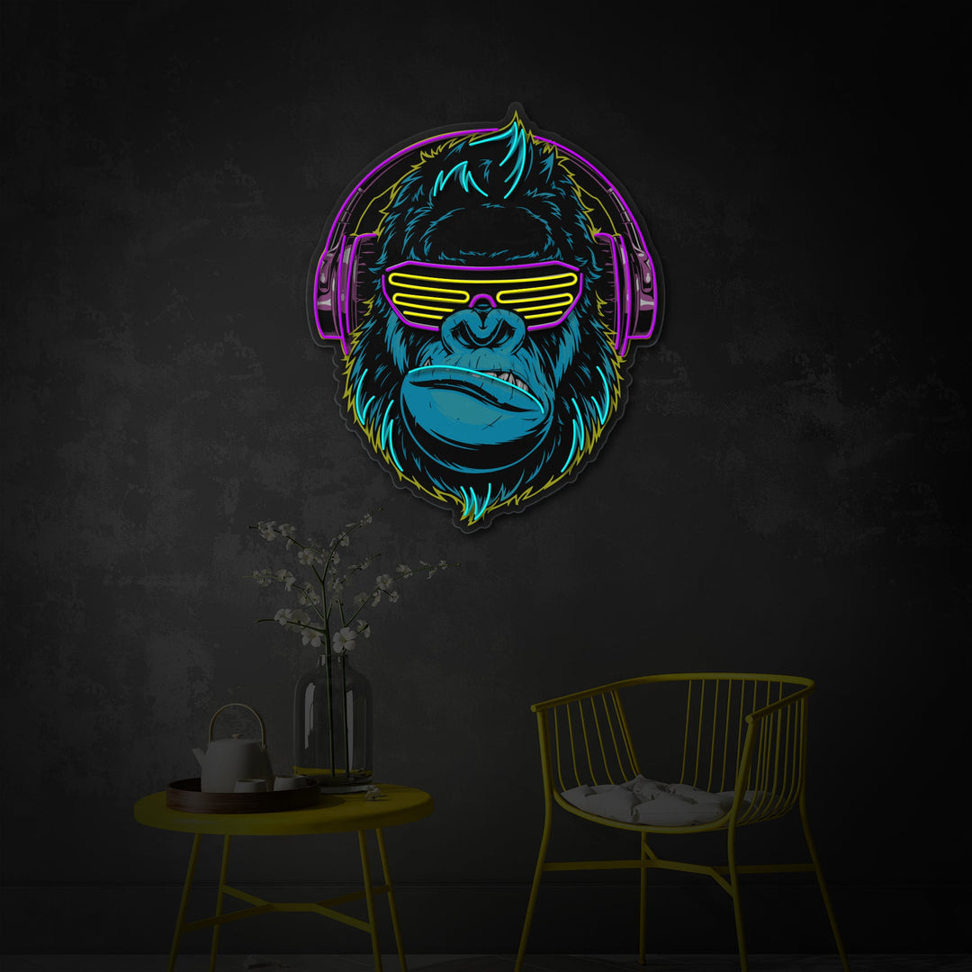 "Cyberpunk Monkey met hoofdtelefoon, Game Room Decor" UV-geprint LED-neonbord