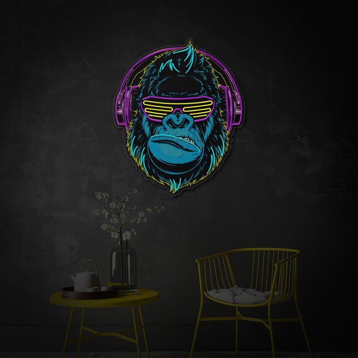 "Cyberpunk Monkey met hoofdtelefoon, Game Room Decor" UV-geprint LED-neonbord