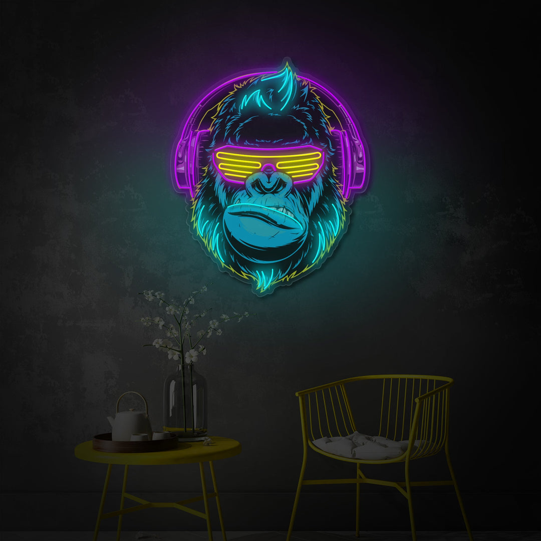 "Cyberpunk Monkey met hoofdtelefoon, Game Room Decor" UV-geprint LED-neonbord