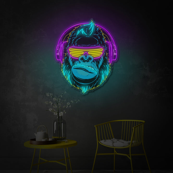 "Cyberpunk Monkey met hoofdtelefoon, Game Room Decor" UV-geprint LED-neonbord