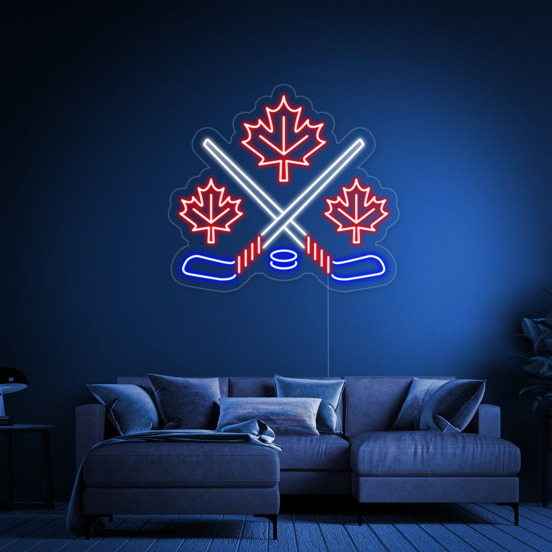 "Esdoornbladeren Met Gekruiste Ijshockeysticks" Neon Verlichting