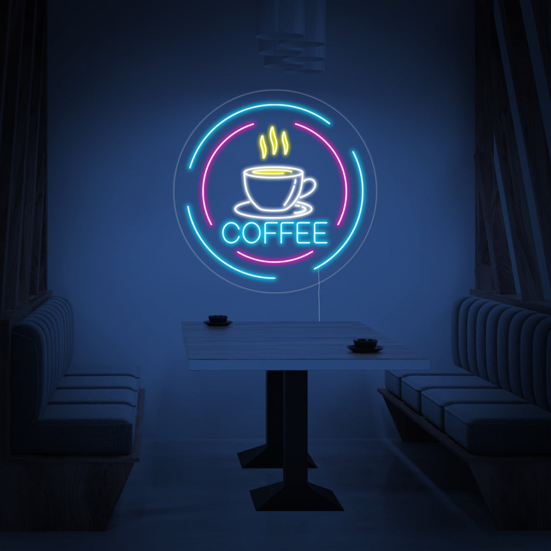 "Coffee Belettering, Koffiekopje In Cirkels" Neon Verlichting