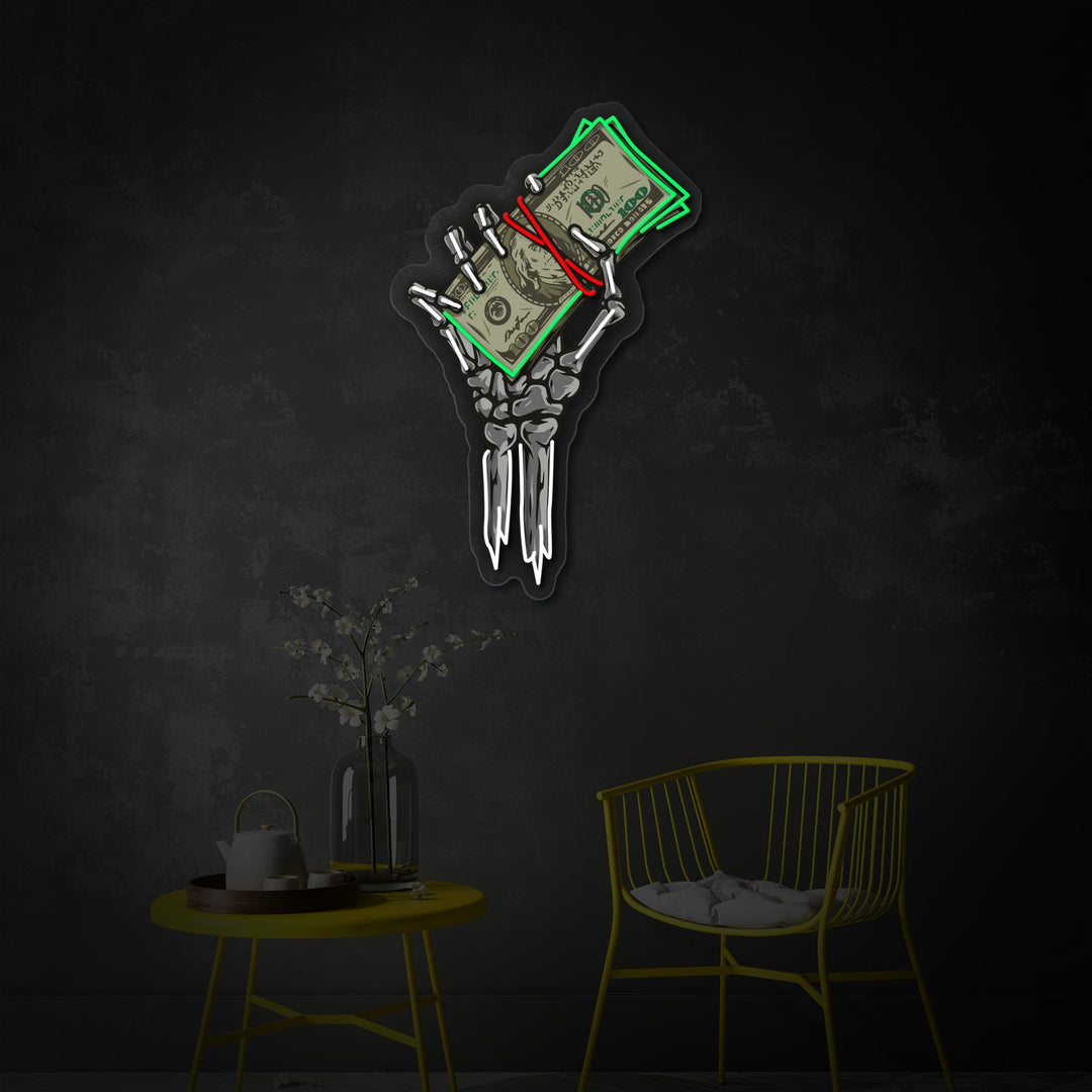 "Skelet handholding dollar" UV-geprint LED-neonbord