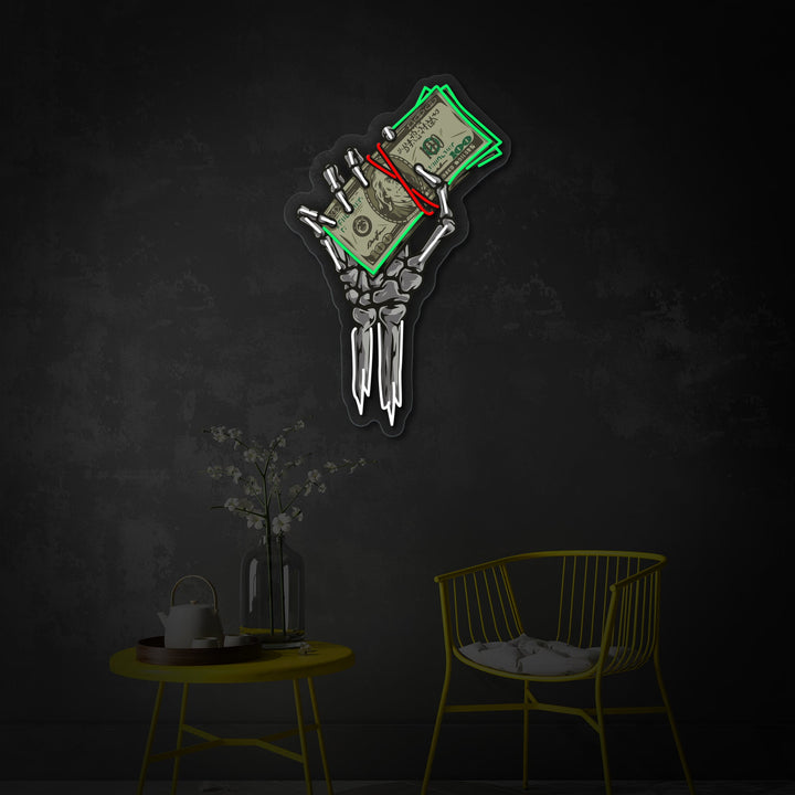 "Skelet handholding dollar" UV-geprint LED-neonbord
