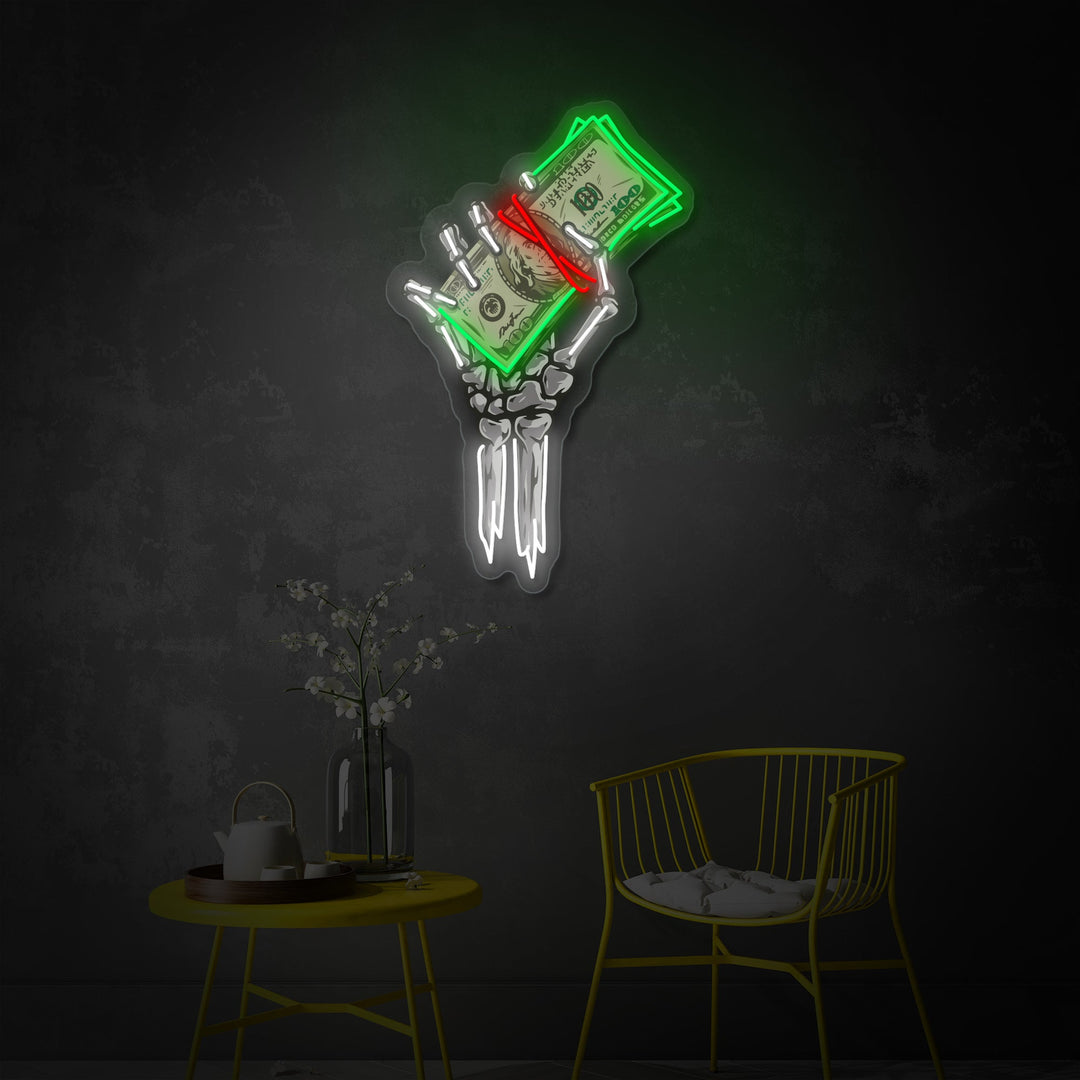 "Skelet handholding dollar" UV-geprint LED-neonbord