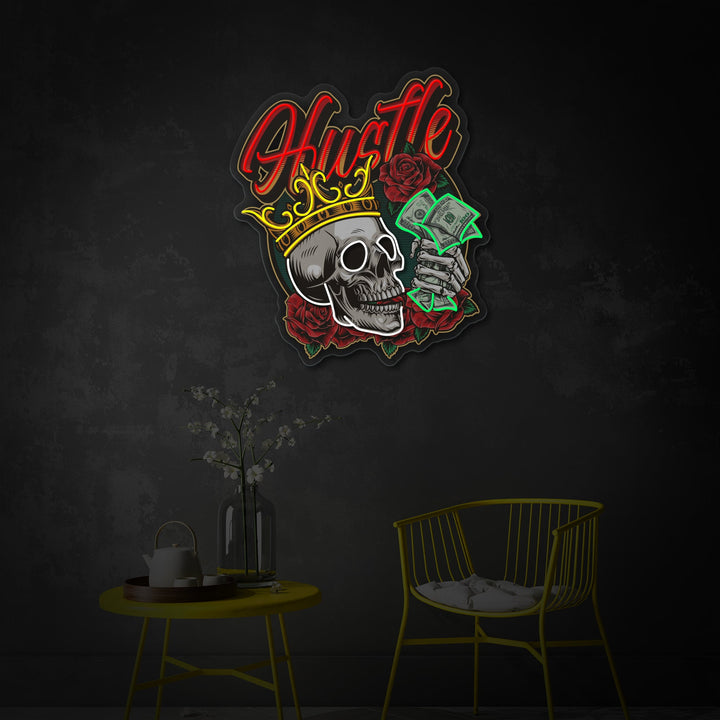 "Schedel in kroon rozen skelet met hand vasthoudende dollar bankbiljetten" UV-geprint LED-neonbord