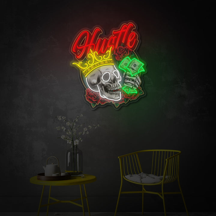 "Schedel in kroon rozen skelet met hand vasthoudende dollar bankbiljetten" UV-geprint LED-neonbord