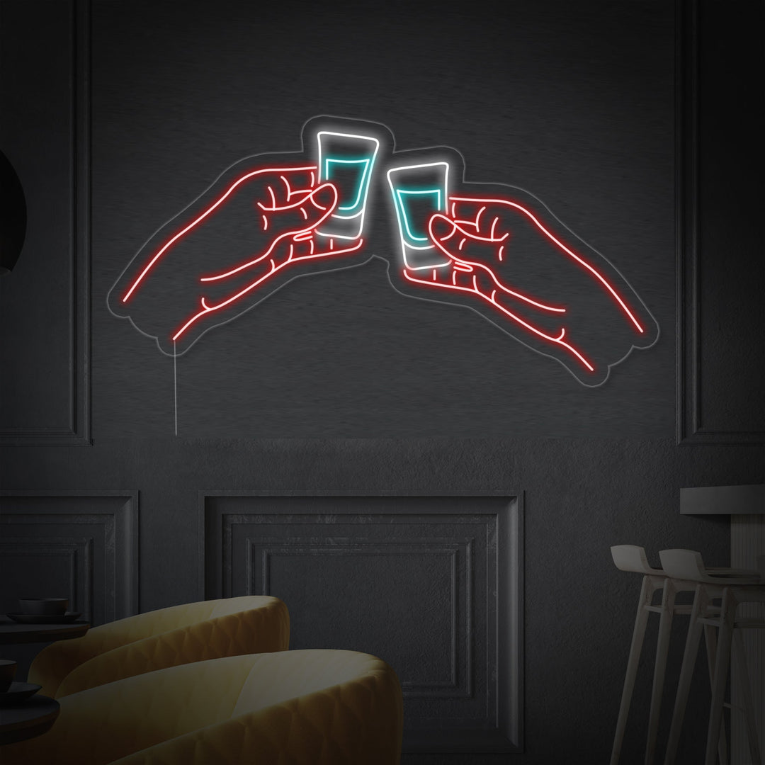 "Twee Handen Rinkelende Wodka of Tequila Shots Bar" Neon Verlichting
