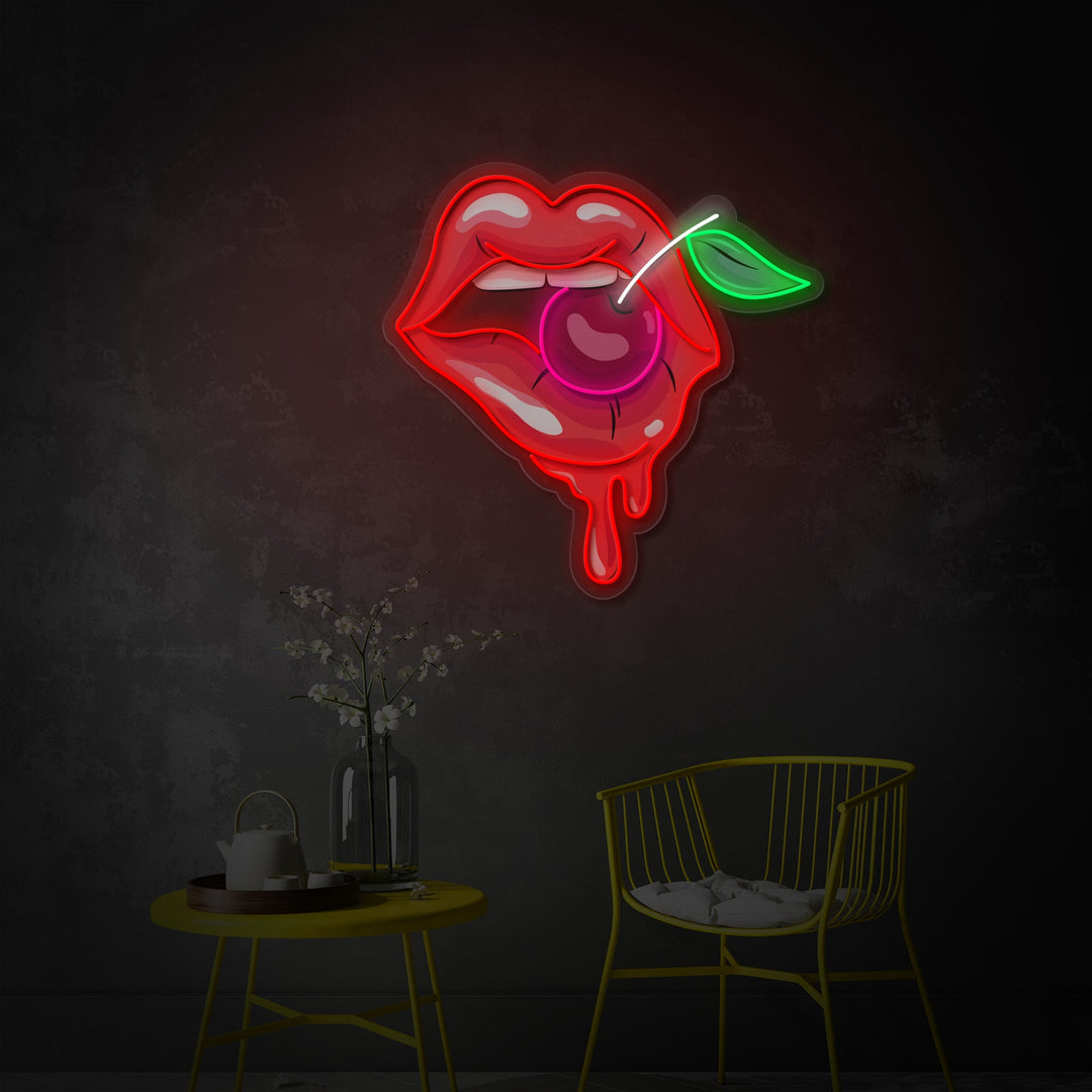"Vrouwlippen met een kers" UV-geprint LED-neonbord