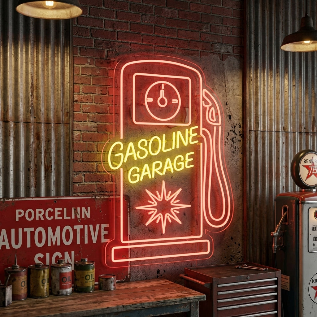 Neon LED “Gasoline Garage” bord, retro garageverlichting.
