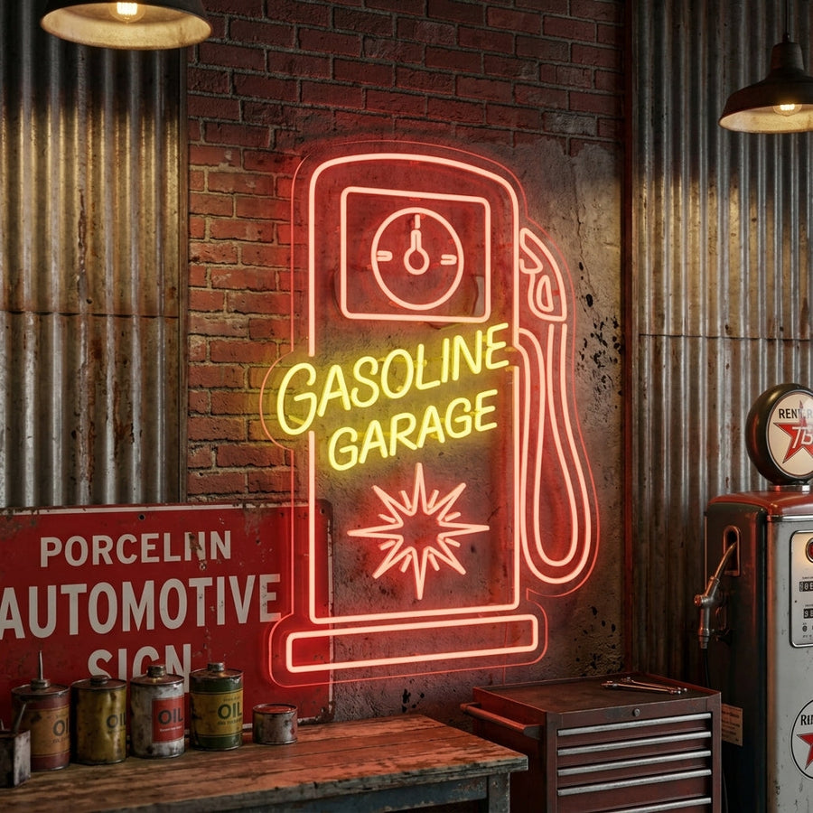 Neon LED “Gasoline Garage” bord, retro garageverlichting.