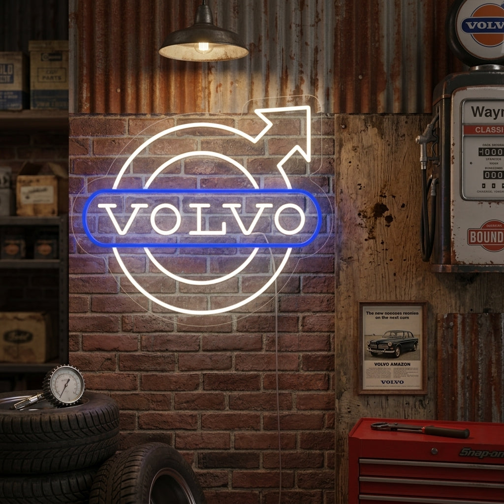 Volvo logo neon sign met cirkel en pijl