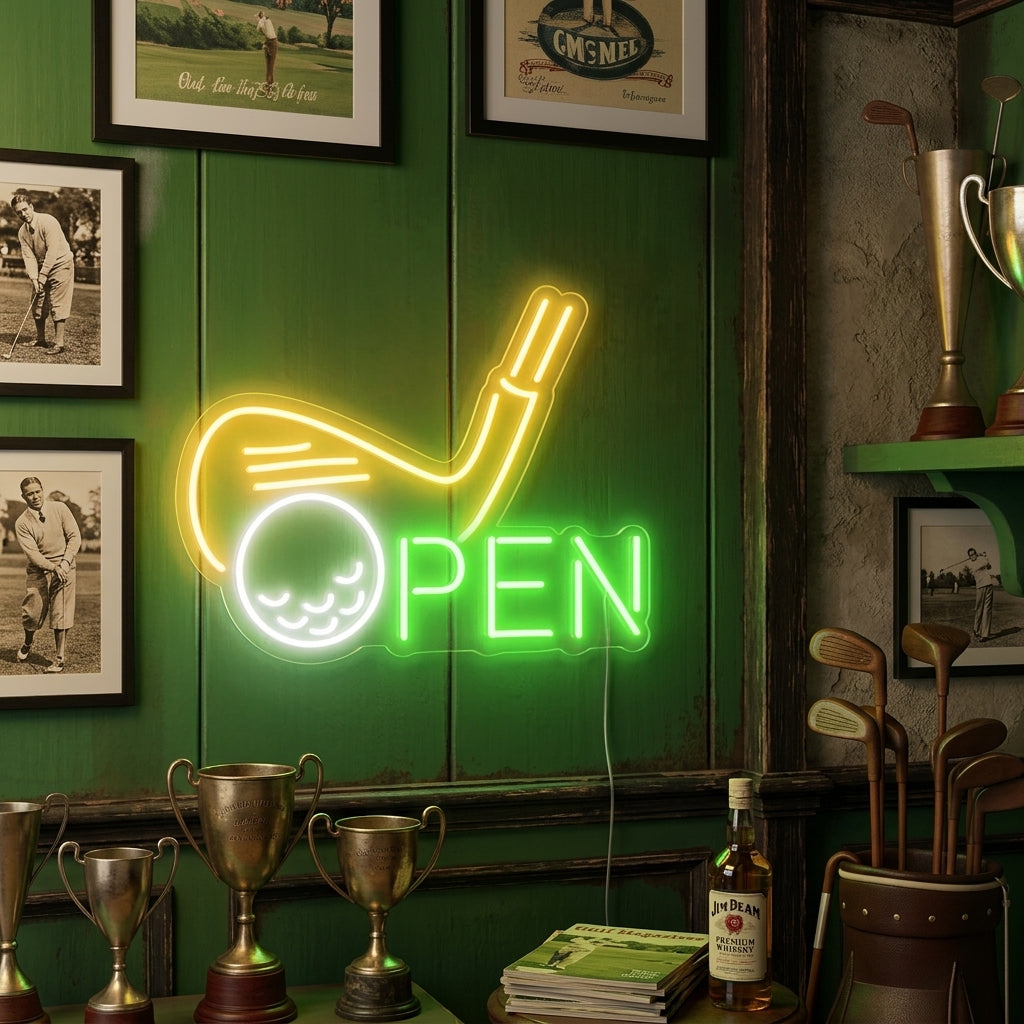 Neon LED-bord “OPEN” met golfclub, sportbarverlichting.