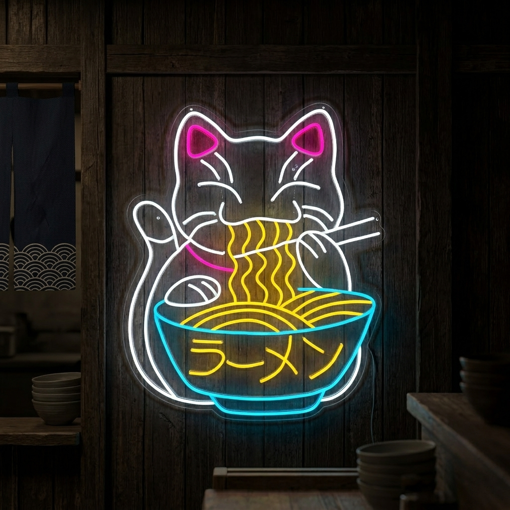 Neon LED ramen etende gelukskat, Aziatische decoratie.