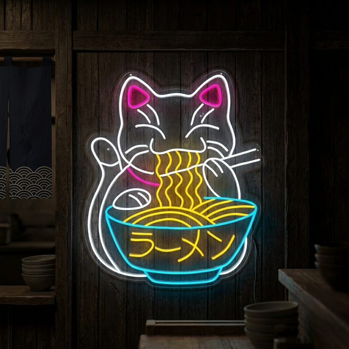 Neon LED ramen etende gelukskat, Aziatische decoratie.