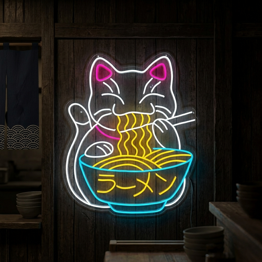 Neon LED ramen etende gelukskat, Aziatische decoratie.