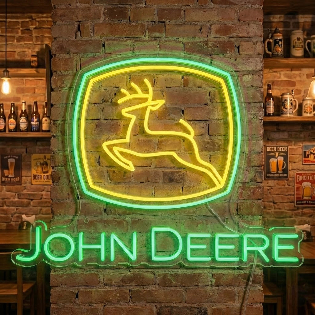 neon John Deere logo met hert