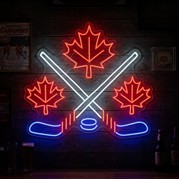 "Esdoornbladeren Met Gekruiste Ijshockeysticks" Neon Verlichting