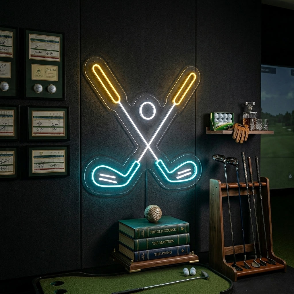 LED neon van gekruiste golfclubs met bal