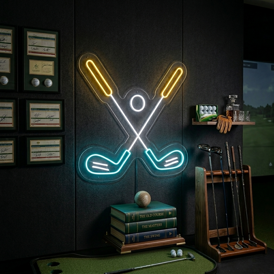 LED neon van gekruiste golfclubs met bal
