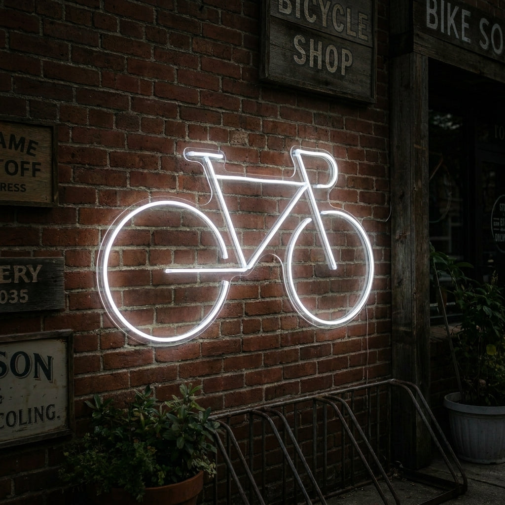 Witte LED neon wandlamp in de vorm van een fiets