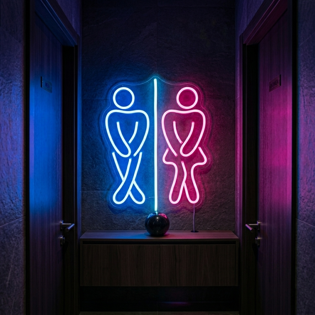Neon LED-bord met grappige man- en vrouwfiguren, speelse toiletindicator.