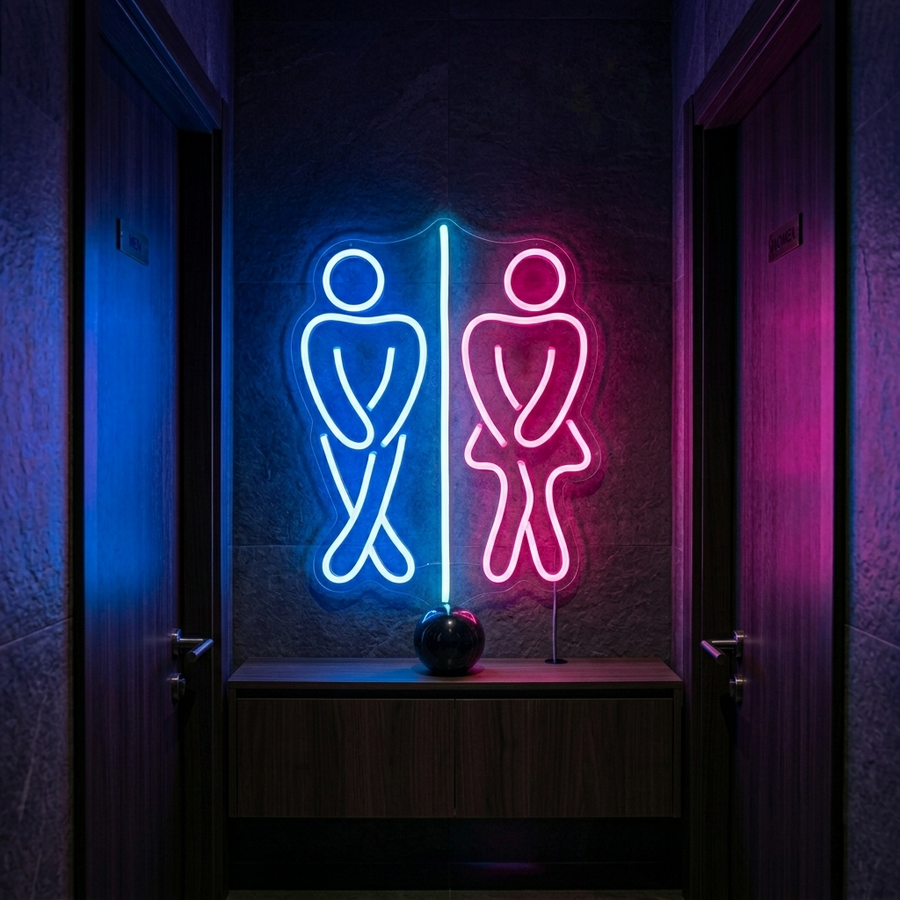 Neon LED-bord met grappige man- en vrouwfiguren, speelse toiletindicator.