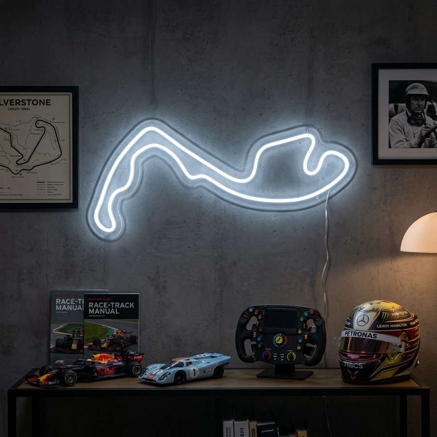 Wit minimalistisch neon LED-bord van circuit F1 Monaco, stijlvolle wanddecoratie.