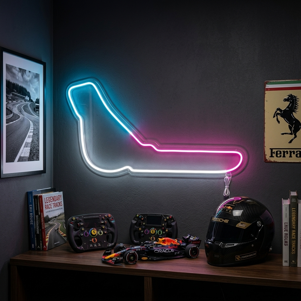 Bicolor neon LED-bord van F1-circuit Monza, modern racingdesign voor hobbykamer.