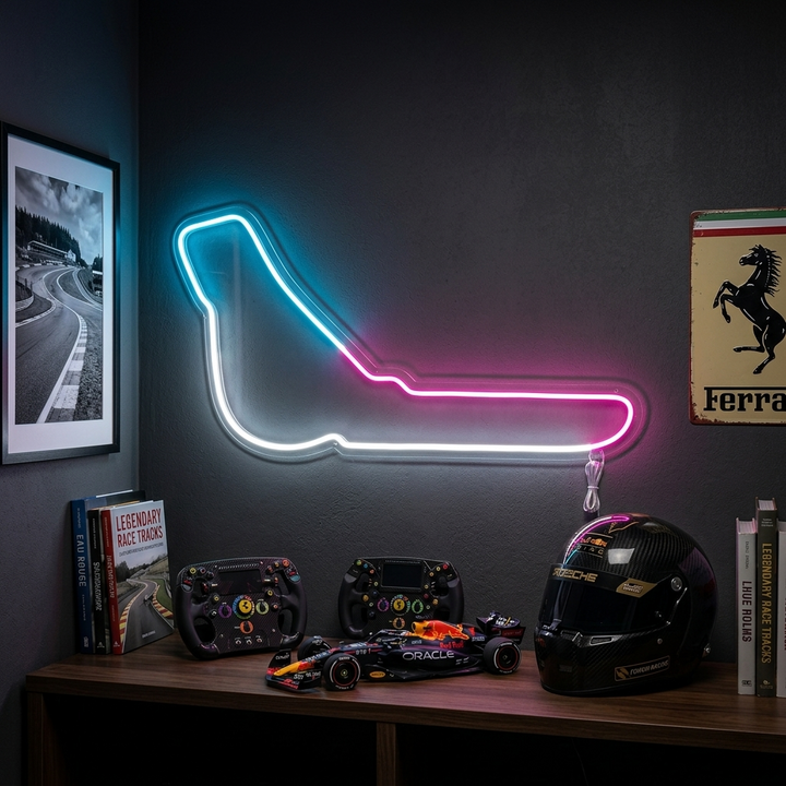 Bicolor neon LED-bord van F1-circuit Monza, modern racingdesign voor hobbykamer.