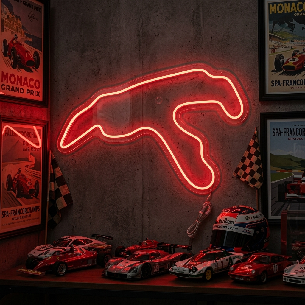 Rood neon LED-bord F1 België circuit, dynamische decoratie.