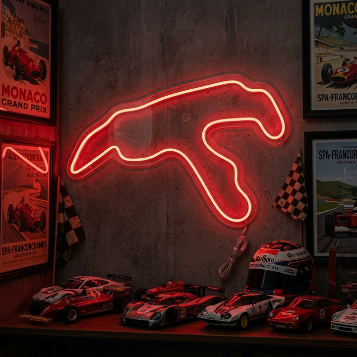 Rood neon LED-bord F1 België circuit, dynamische decoratie.