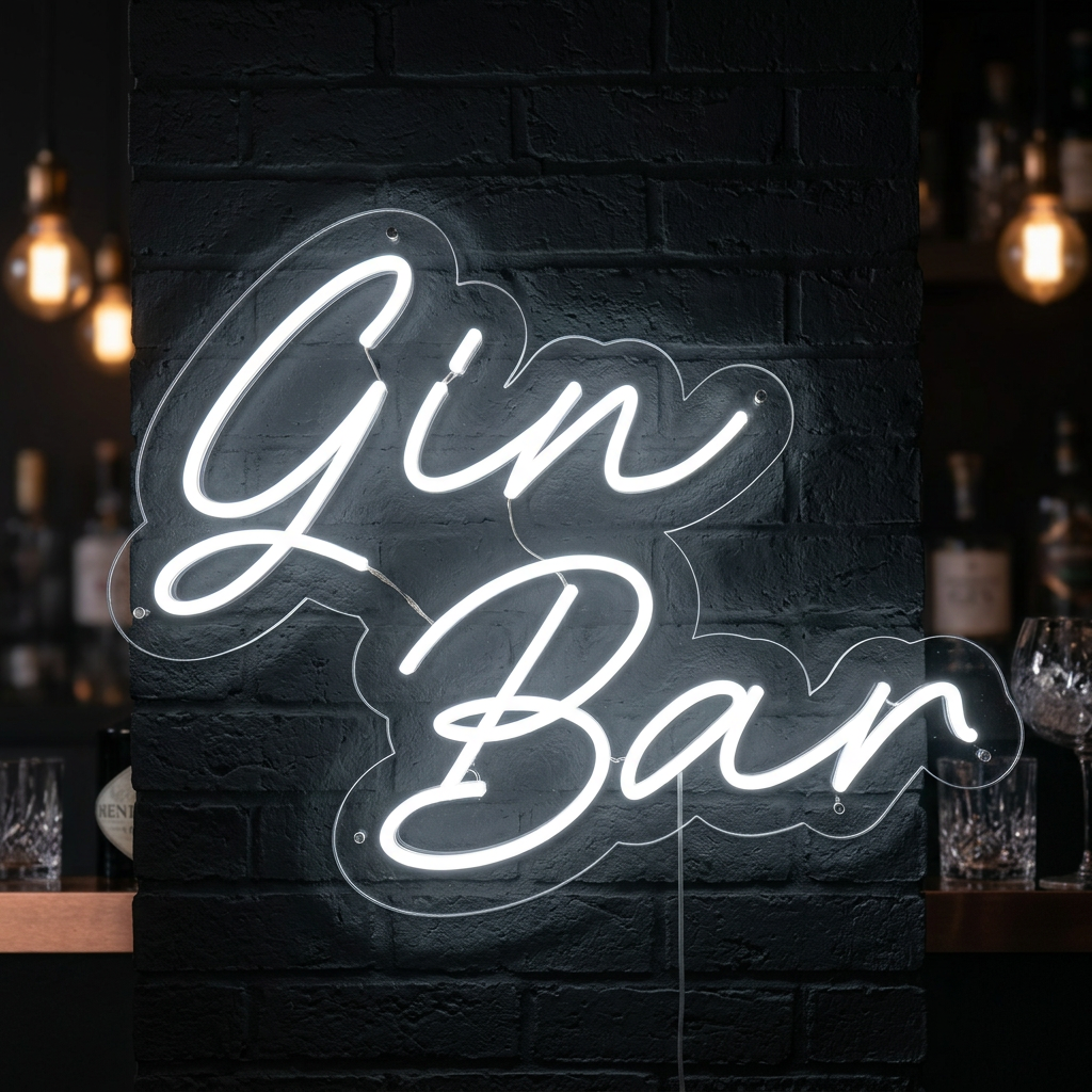 Wit neon LED-bord “Gin Bar”, minimalistische lichtdecoratie voor cocktailbar.