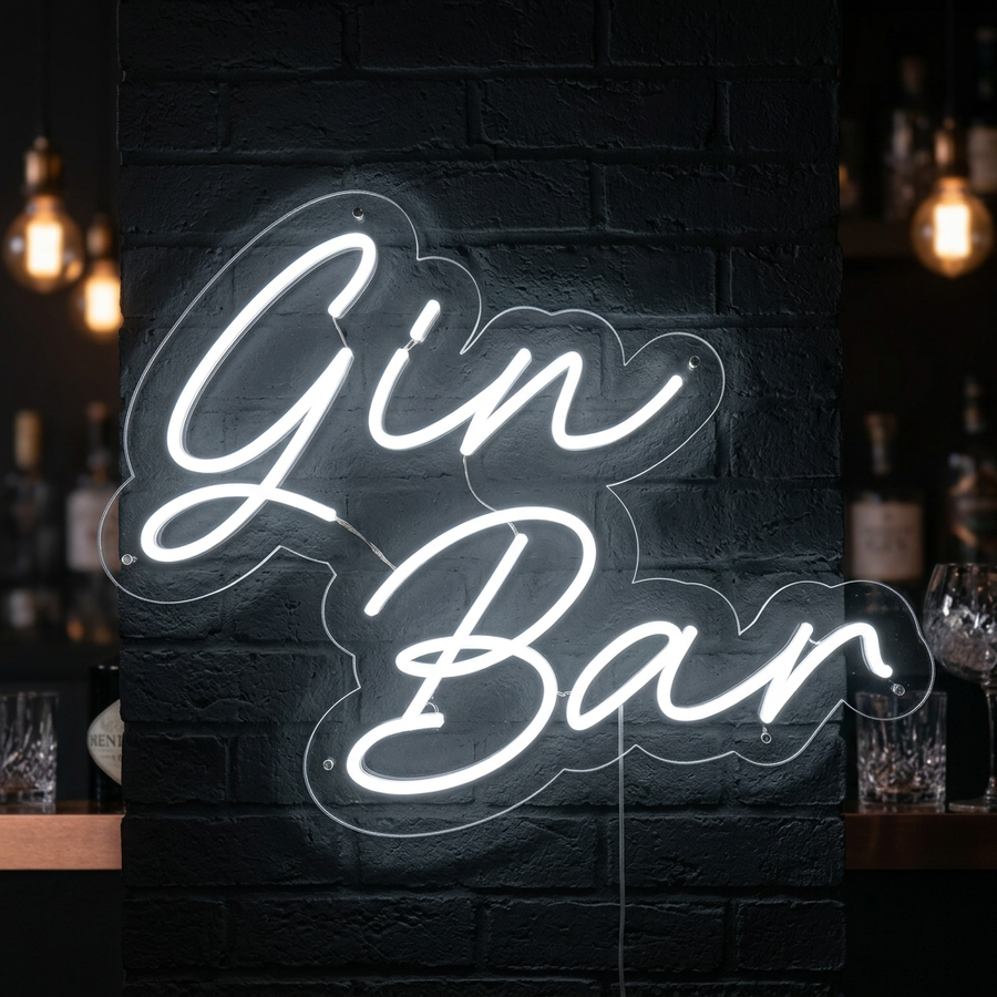 Wit neon LED-bord “Gin Bar”, minimalistische lichtdecoratie voor cocktailbar.