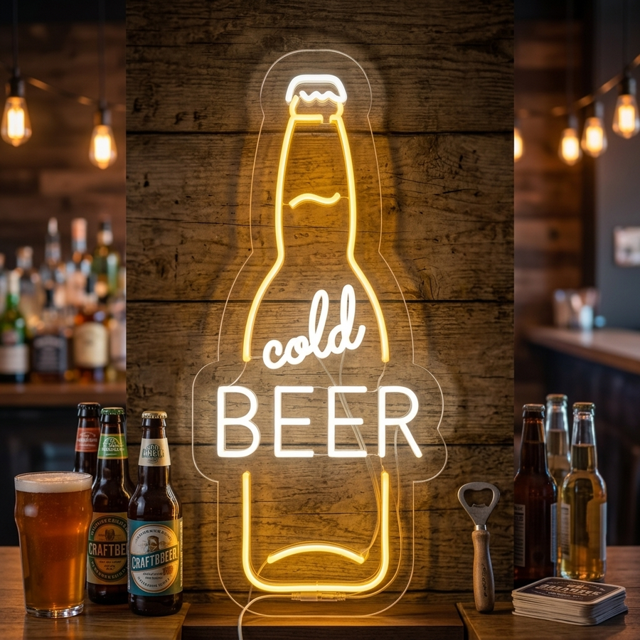 Geel neon LED-bord “Cold Beer” in flesvorm, opvallende drankdecoratie.