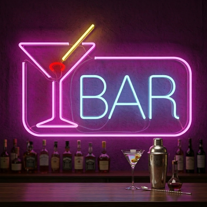 Neon LED-bord met martiniglas en tekst “BAR”, elegante verlichting.