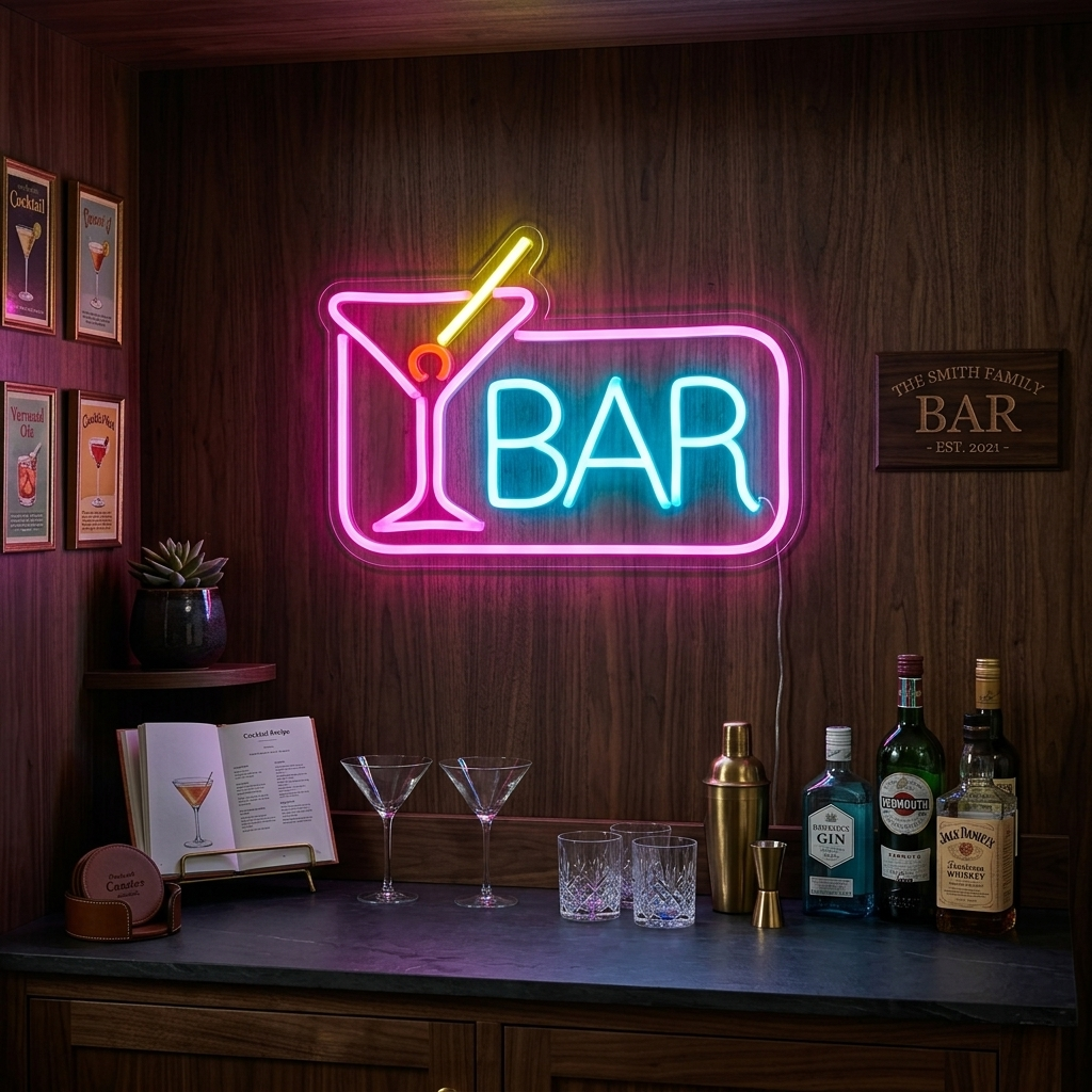 Neon LED-bord met martiniglas en tekst “BAR”, elegante verlichting.