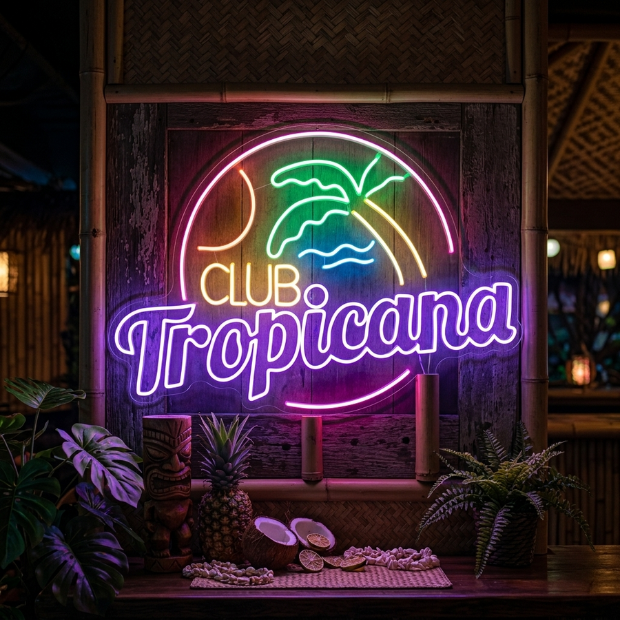 Neon LED-bord Club Tropicana met palmboom, maan en golven, tropische barverlichting.