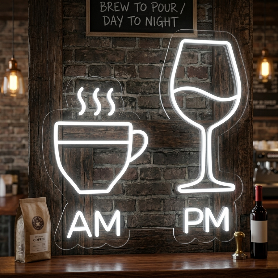 AM PM koffiekop en wijnglas LED neon