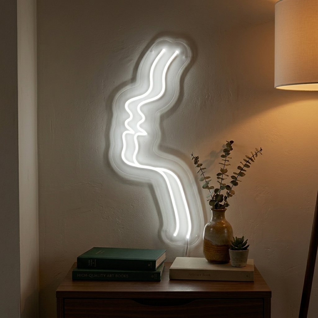 Wit neon LED-bord met twee line-art gezichten die kussen, elegante muurdecoratie.