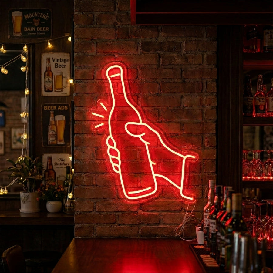 Hand die bierfles vasthoudt LED neon